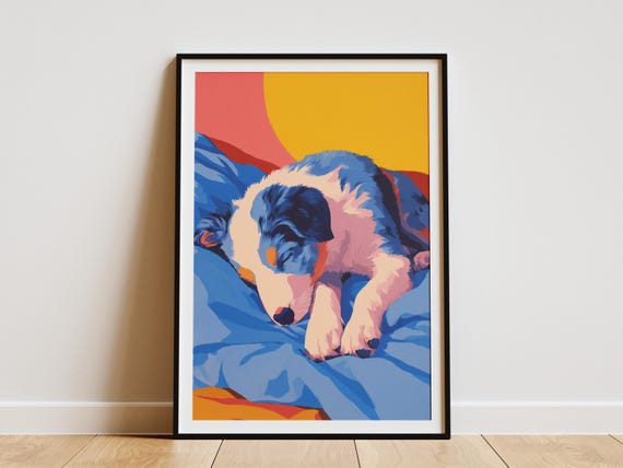 Adorable Australian Shepherd Puppy Dog Sleeping Art Print Cute Pet Lover Gift Modern Pop Style Wall Decor Colorful Nursery Bedroom