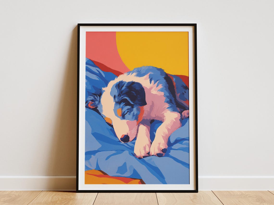 Australian Shepherd Puppy Sleeping Colorful Modern Art Dog Poster