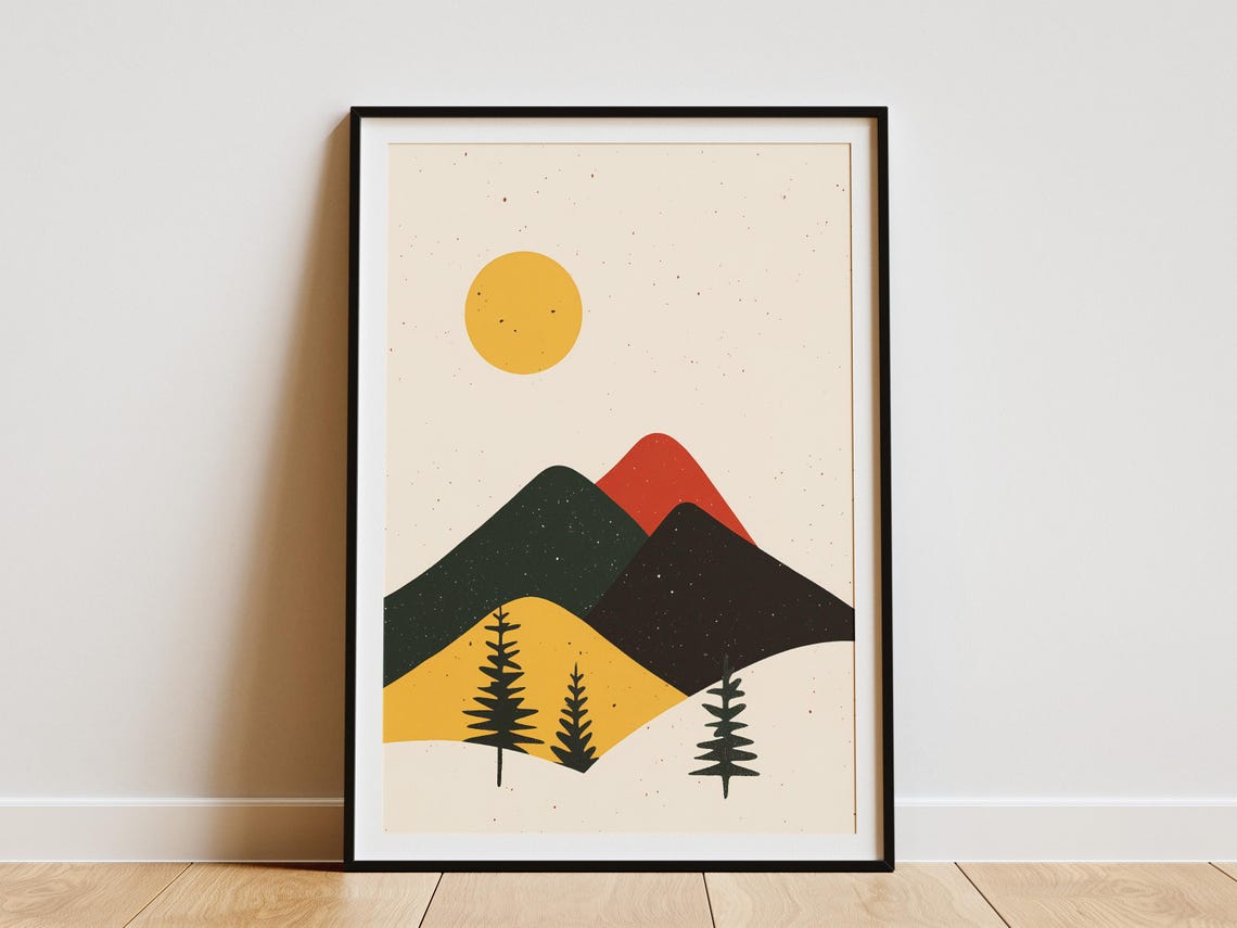 Abstract Mountain Landscape Christmas Poster with Yellow Sun