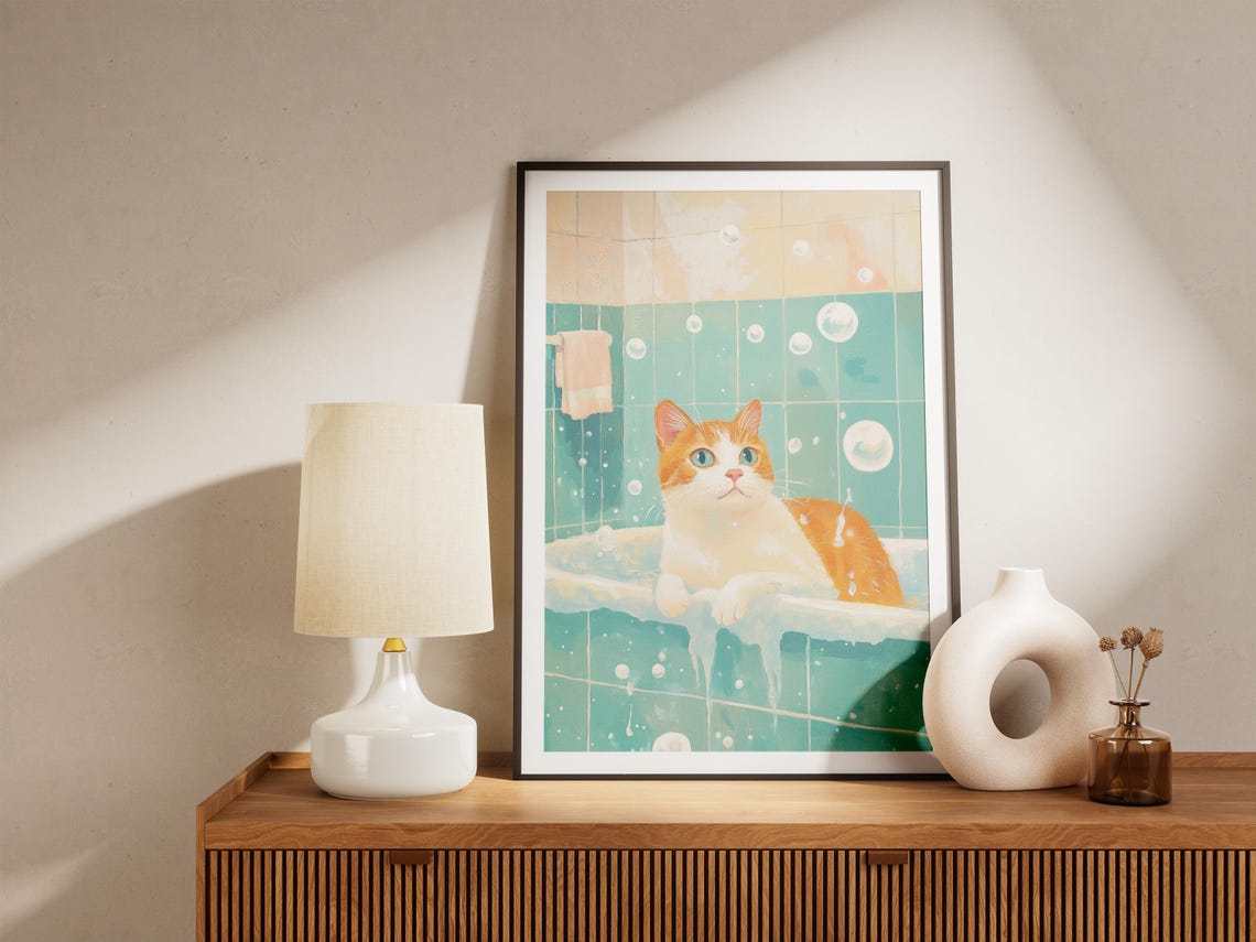 Orange and White Cat in Foamy Bubble Bath Teal Tile Cute Cat Poster - Image 4