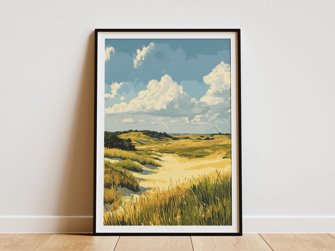 Prairie Grass Sand Dunes Billowing Cloudy Sky Meadow Field Poster