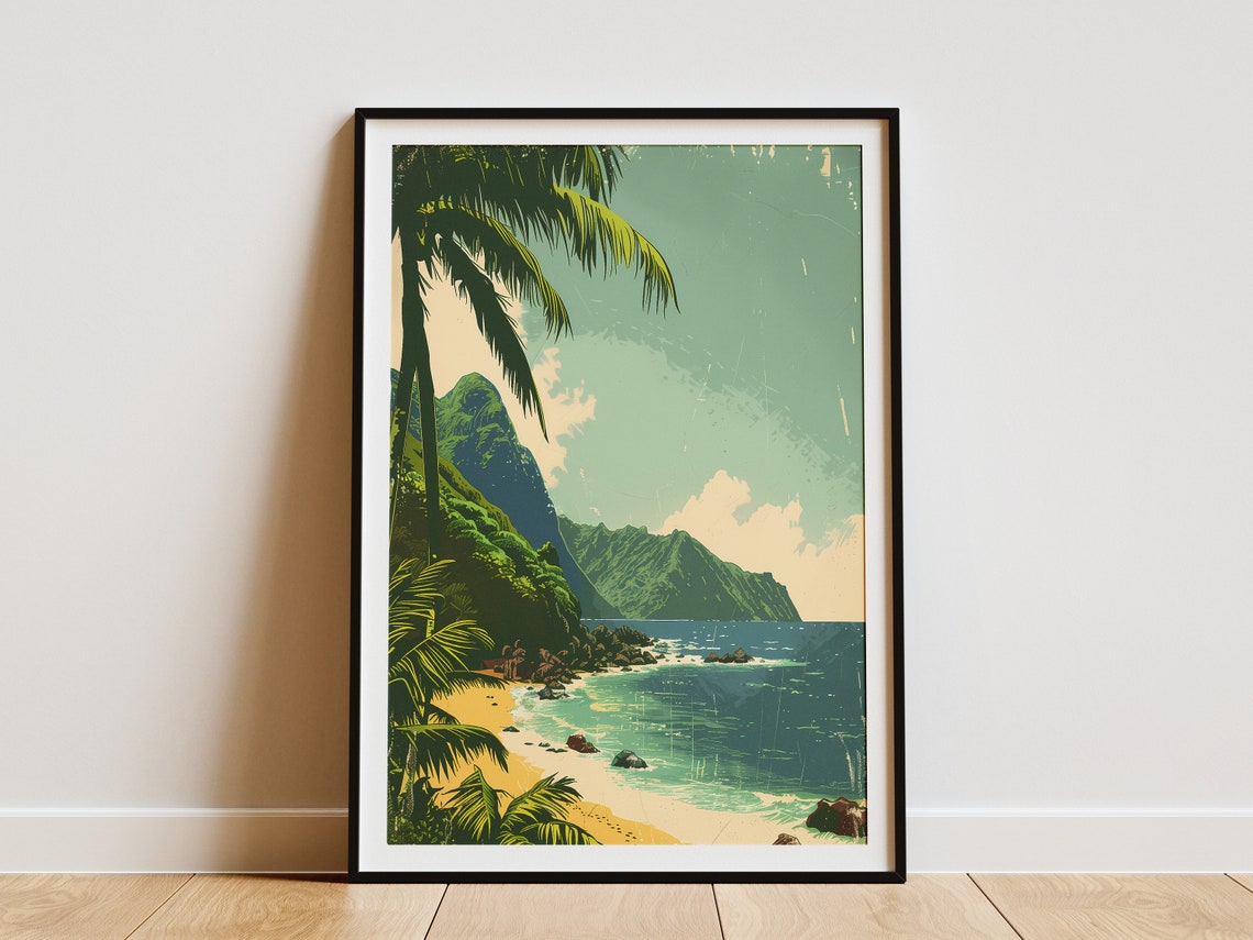 Sunny Tropical Beach Cove with Palm Trees and Green Cliffs Poster