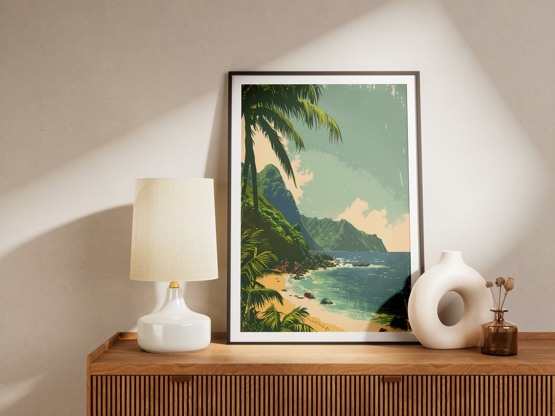 Sunny Tropical Beach Cove with Palm Trees and Green Cliffs Poster - Image 2