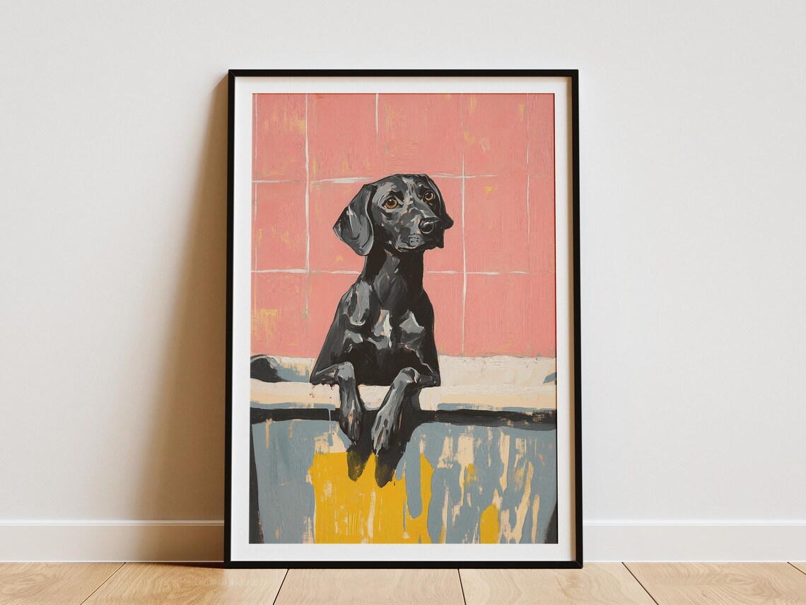 Black Labrador Puppy Bubble Bath Pink Tile Bathroom Humor Poster