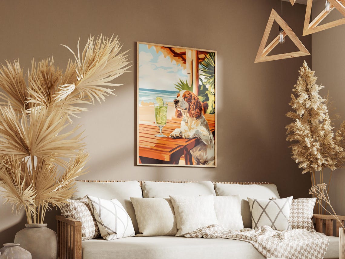 Springer Spaniel Dog Enjoying Green Cocktail At Beach Bar Poster - Image 3