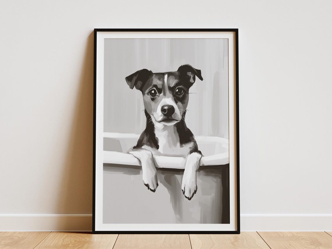 Jack Russell Terrier In A Bathtub Black And White Art Poster