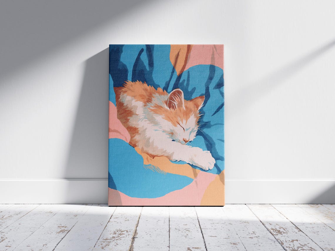 Adorable Sleeping Ginger Kitten Blue Blanket Abstract Art Poster - Image 2