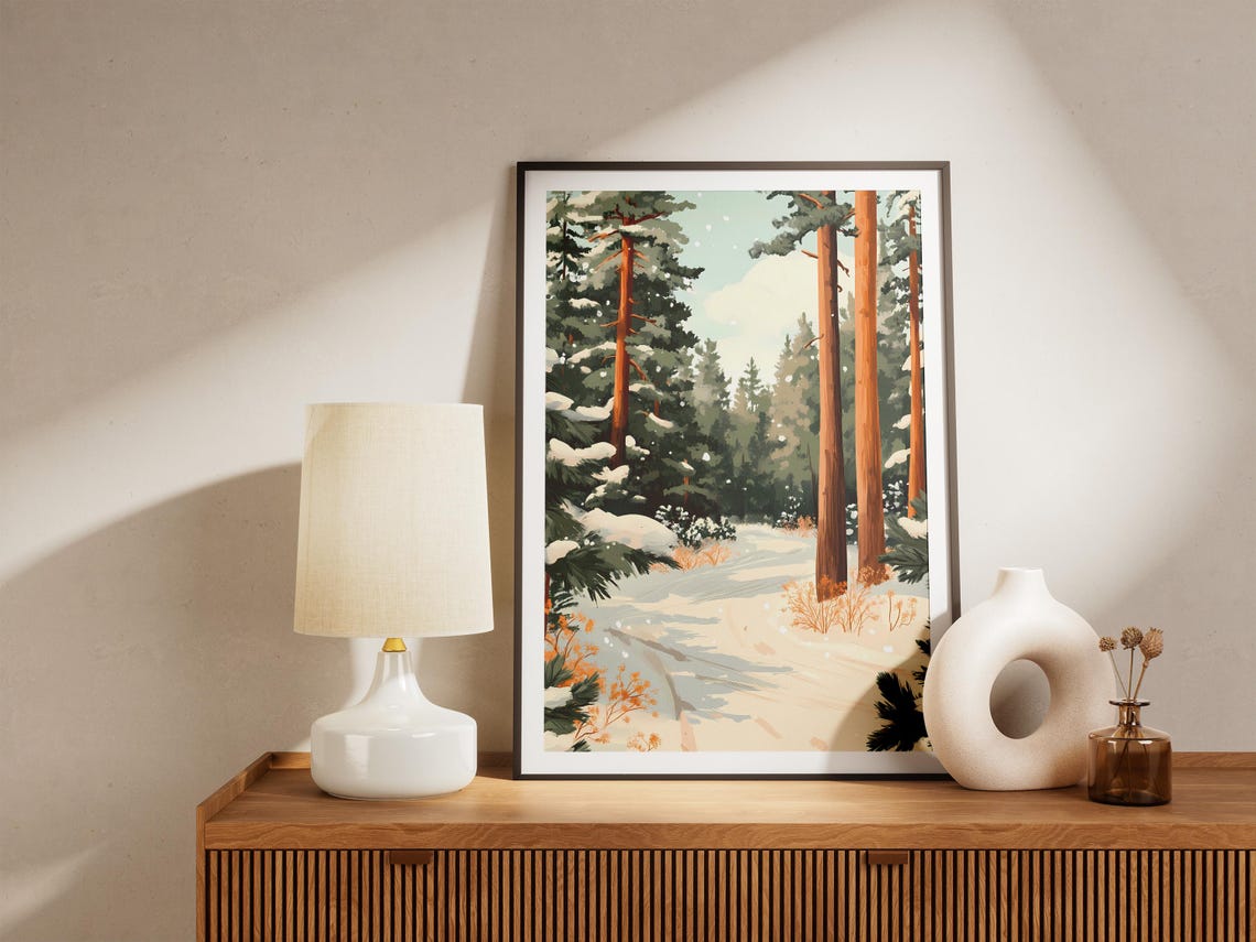 Snowy Winter Path Between Orange Pines Rustic Cozy Cabin Poster - Image 5