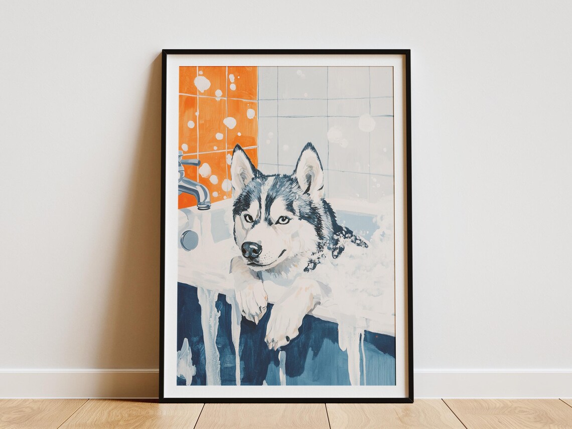 Handsome Siberian Husky in Foamy Blue Bathtub Dog Art Poster