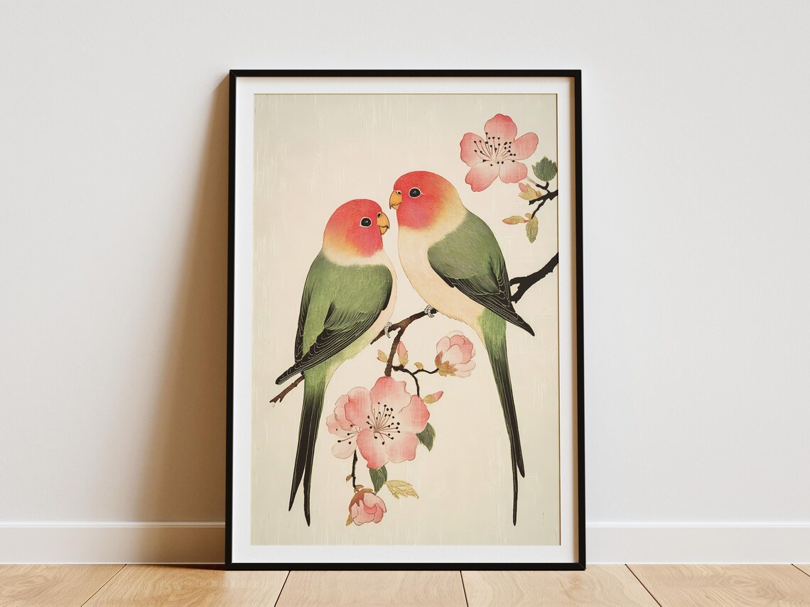 Lovebirds Cherry Blossom Poster Romantic Bird Wall Decor Gift Decor