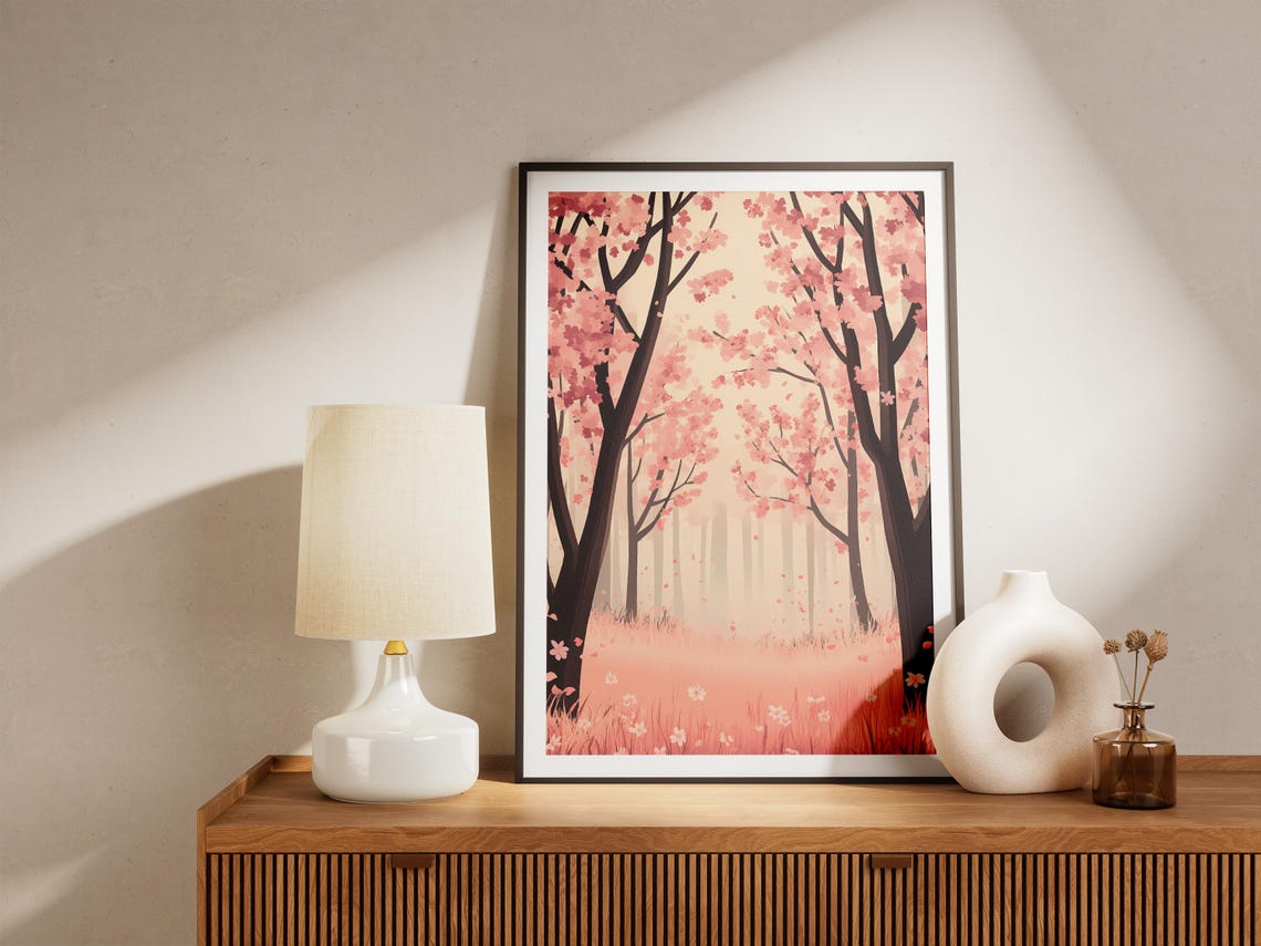 Pink Cherry Blossom Grove in Soft Misty Morning Light Art Poster - Image 5