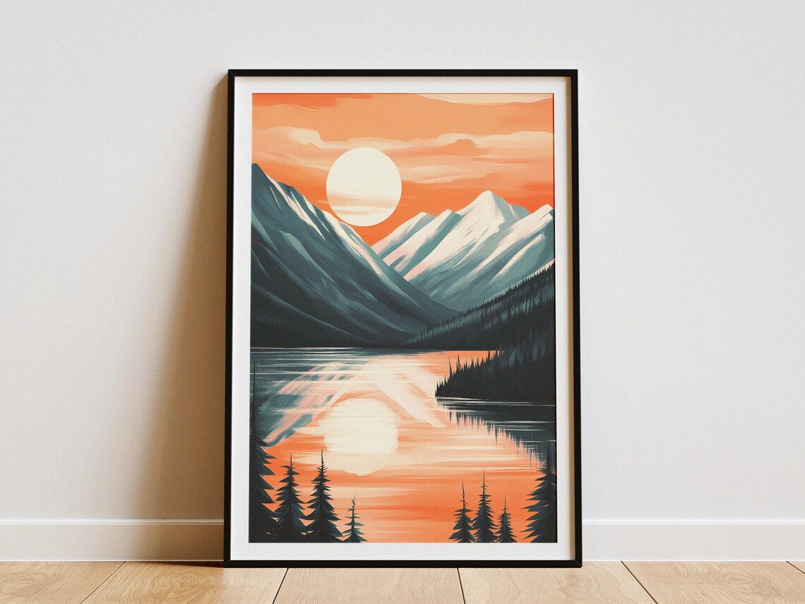 Fiery Orange Sunset Over Snowy Peaks Lake Reflection Scene Poster