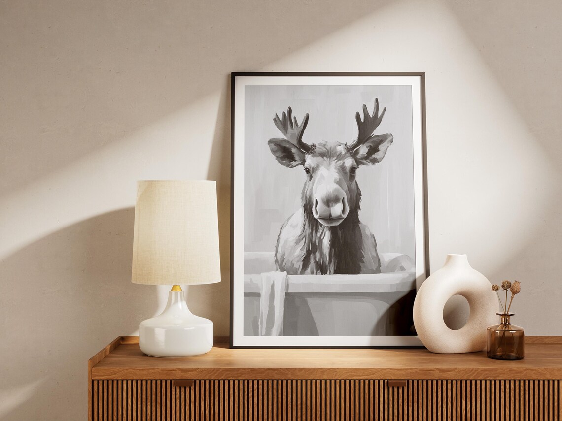 Moose In Bathtub Poster Antlered Moose Funny Bathroom Wall Decor - Image 4