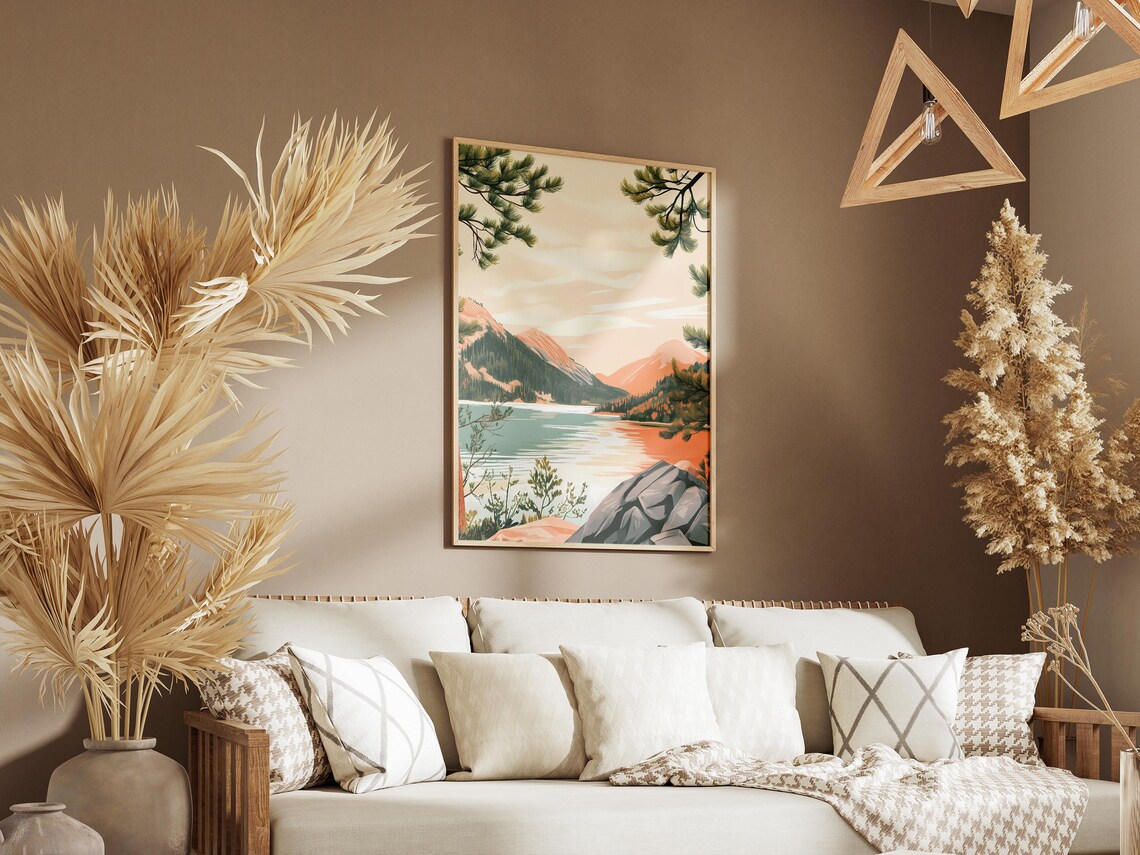 Alpine Lake Rocky Shore Peach Mountain Sunset View Scene Poster - Image 3