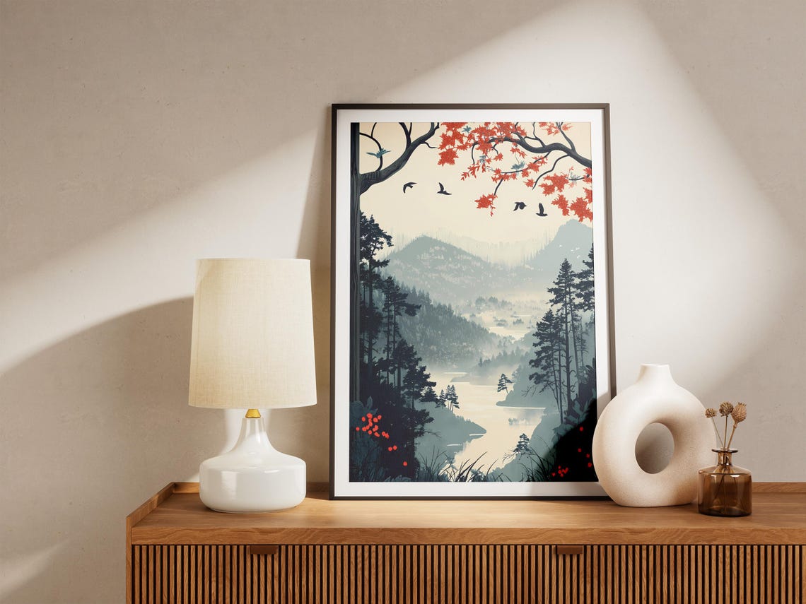 Misty Autumn Lake Valley With Red Maple Branches Birds Poster - Image 5