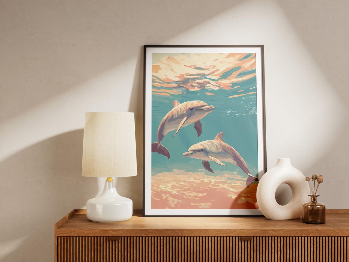Two Playful Dolphins Swimming in a Pastel Turquoise Ocean Poster - Image 5