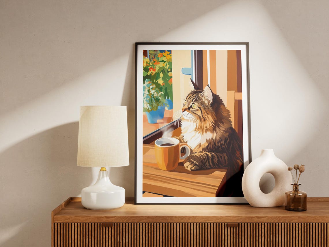 Fluffy Long Haired Tabby Cat with a Yellow Mug by the Window Poster - Image 4