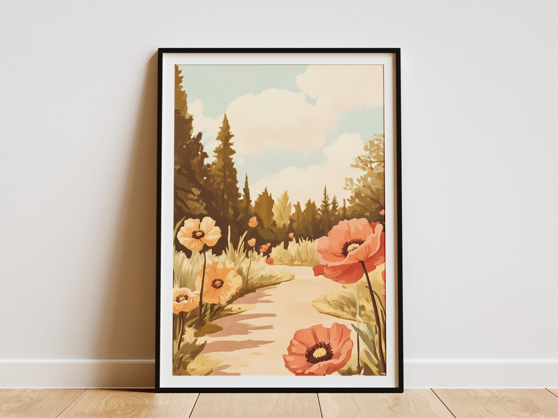 Giant Coral Poppies Along A Sunlit Pine Forest Path Summer Poster