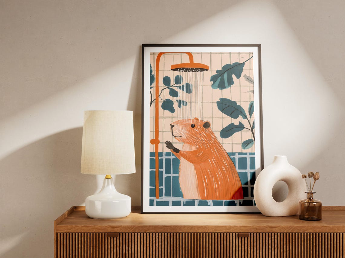 Capybara Under Shower Teal Orange Bathroom Funny Animal Poster - Image 5