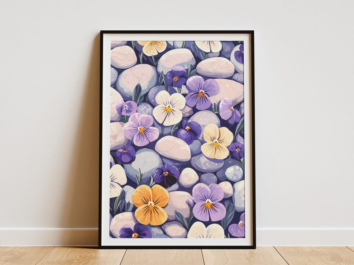 Pansy Flowers Among Pebbles Purple White Yellow Bloom Poster