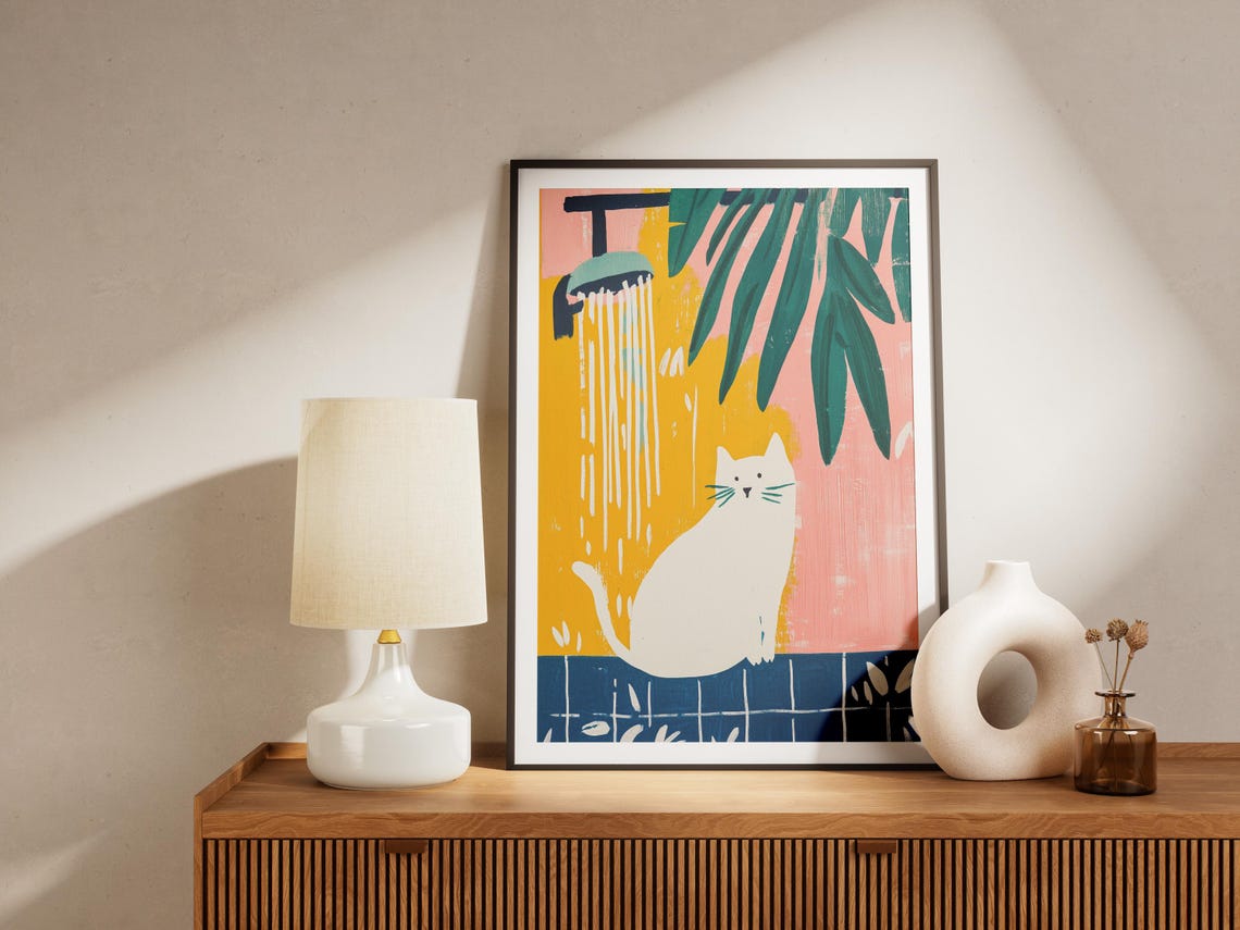Cat In The Shower Gouache Print, Modern Bathroom Decor - Image 4