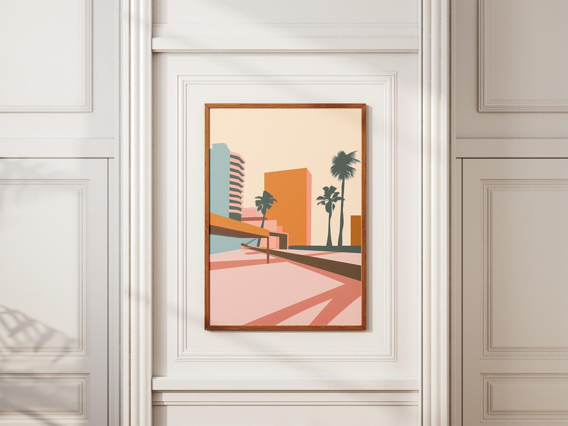 Los Angeles Downtown Skyline with Palm Trees in Peach Tones Poster - Image 2