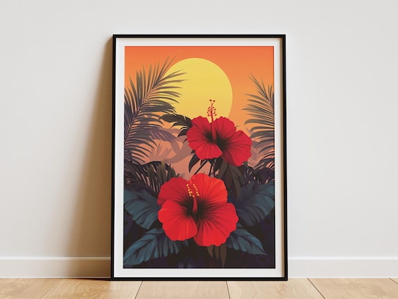 Crimson Hibiscus Tropical Sunset Print Botanical Red Flower Art Poster Summer Beach Decor Wall Home