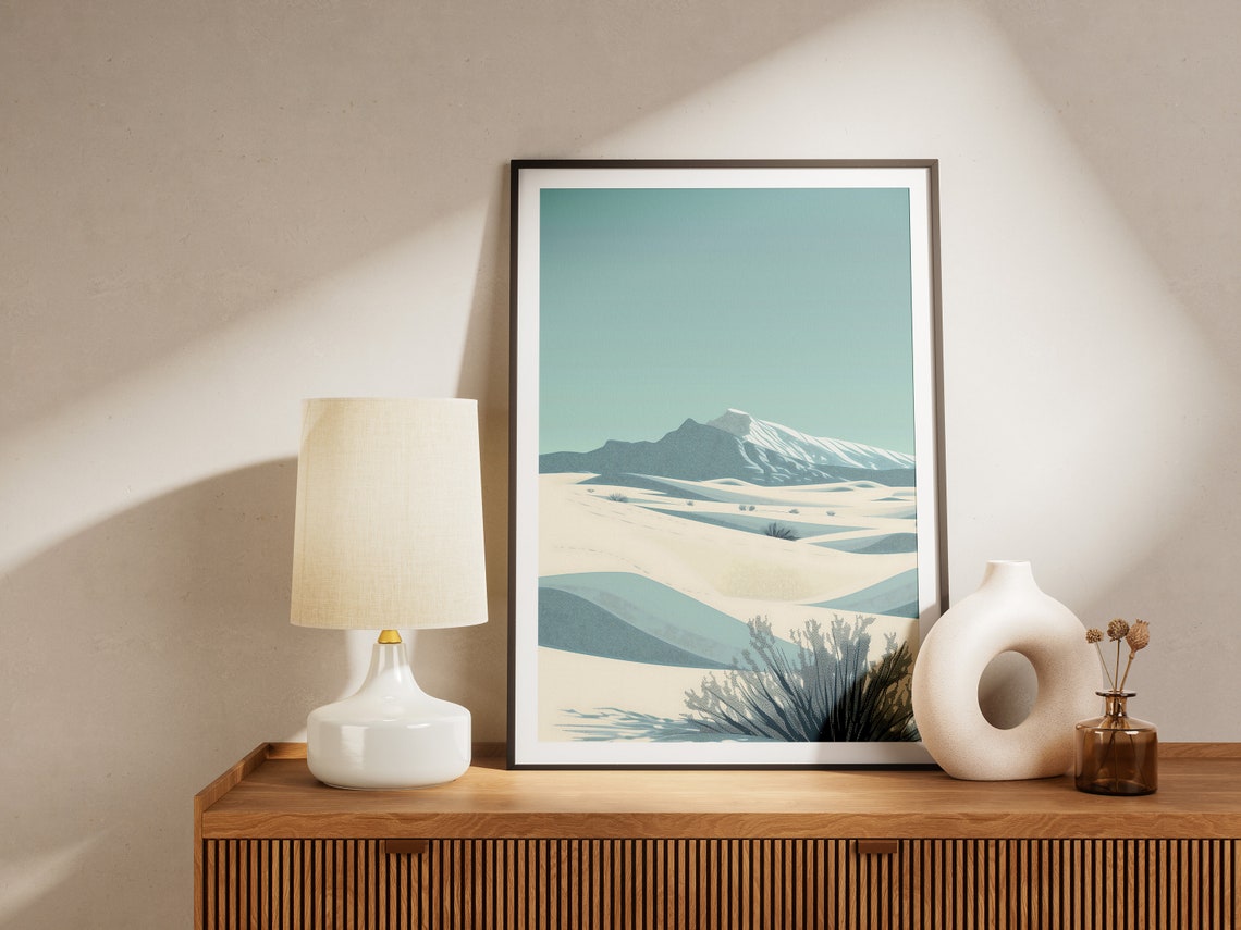 White Sand Dunes and Distant Peak in Soft Minimalist Nature Print - Image 2