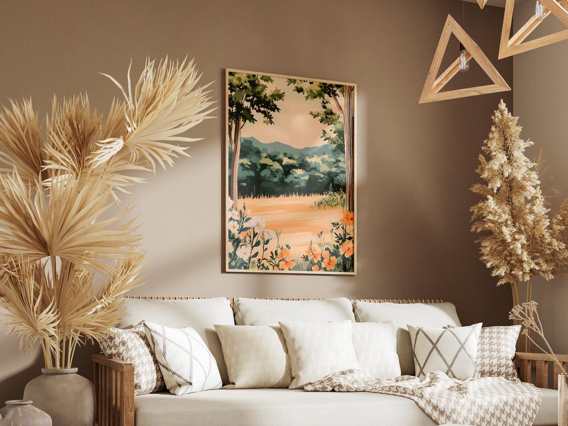 Sunlit Forest Glade With Peach Blossoms Framing Green Hills Poster - Image 3