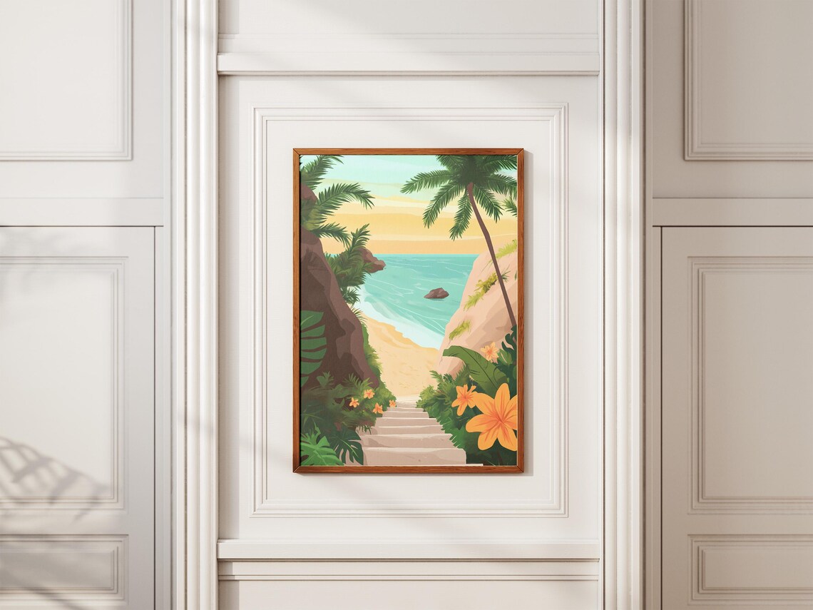 Tropical Beach Stairway Between Palms and Orange Flowers Poster - Image 2