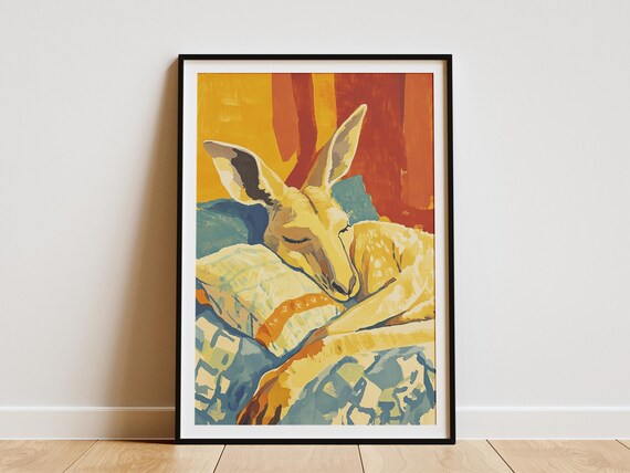 Sleeping Kangaroo Resting on Colorful Pillows in Warm Painterly Art Poster