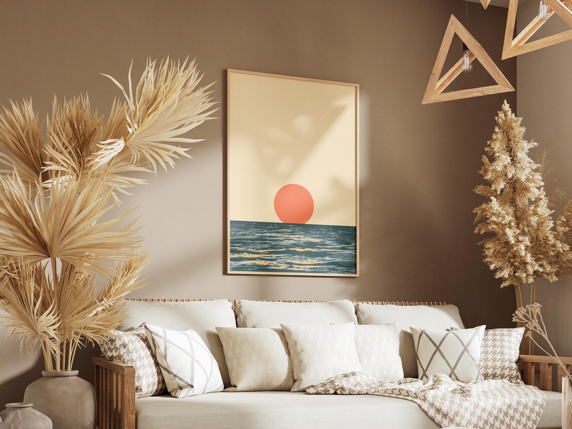 Minimalist Ocean Sunset Poster with Coral Sun over Teal Waves - Image 3