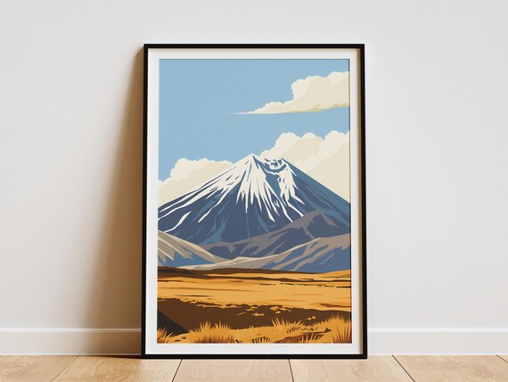 New Zealand Snow Capped Volcano Peak Mountain Landscape Poster