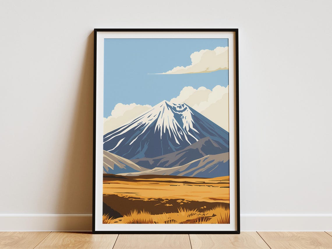 New Zealand Snow Capped Volcano Peak Mountain Landscape Poster