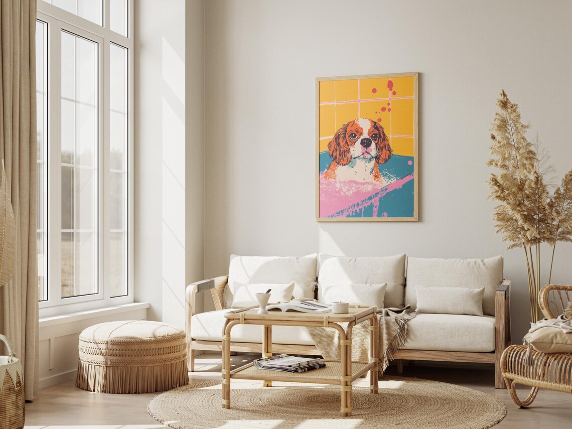 Cavalier Spaniel Puppy in Bubble Bath Pop Art Bathroom Dog Poster - Image 3