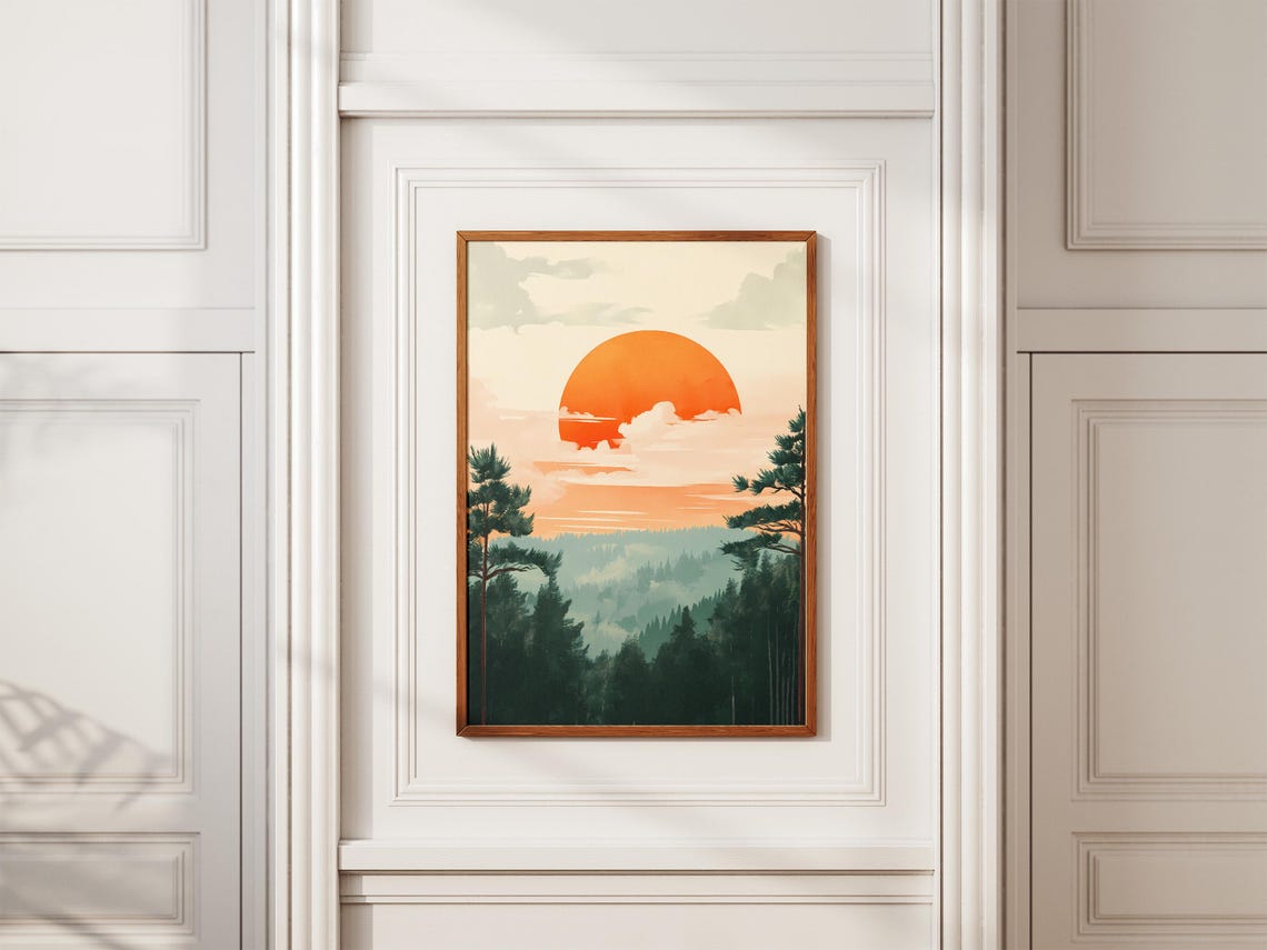 Giant Orange Sun Setting Over Misty Pine Forest Sunset Poster - Image 2