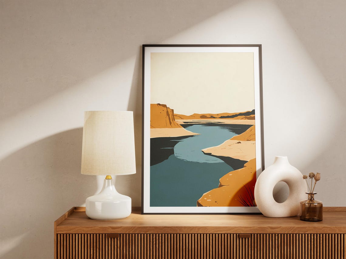 Minimalist Desert Lake Poster Ochre Cliffs Teal Water Wall Decor - Image 4