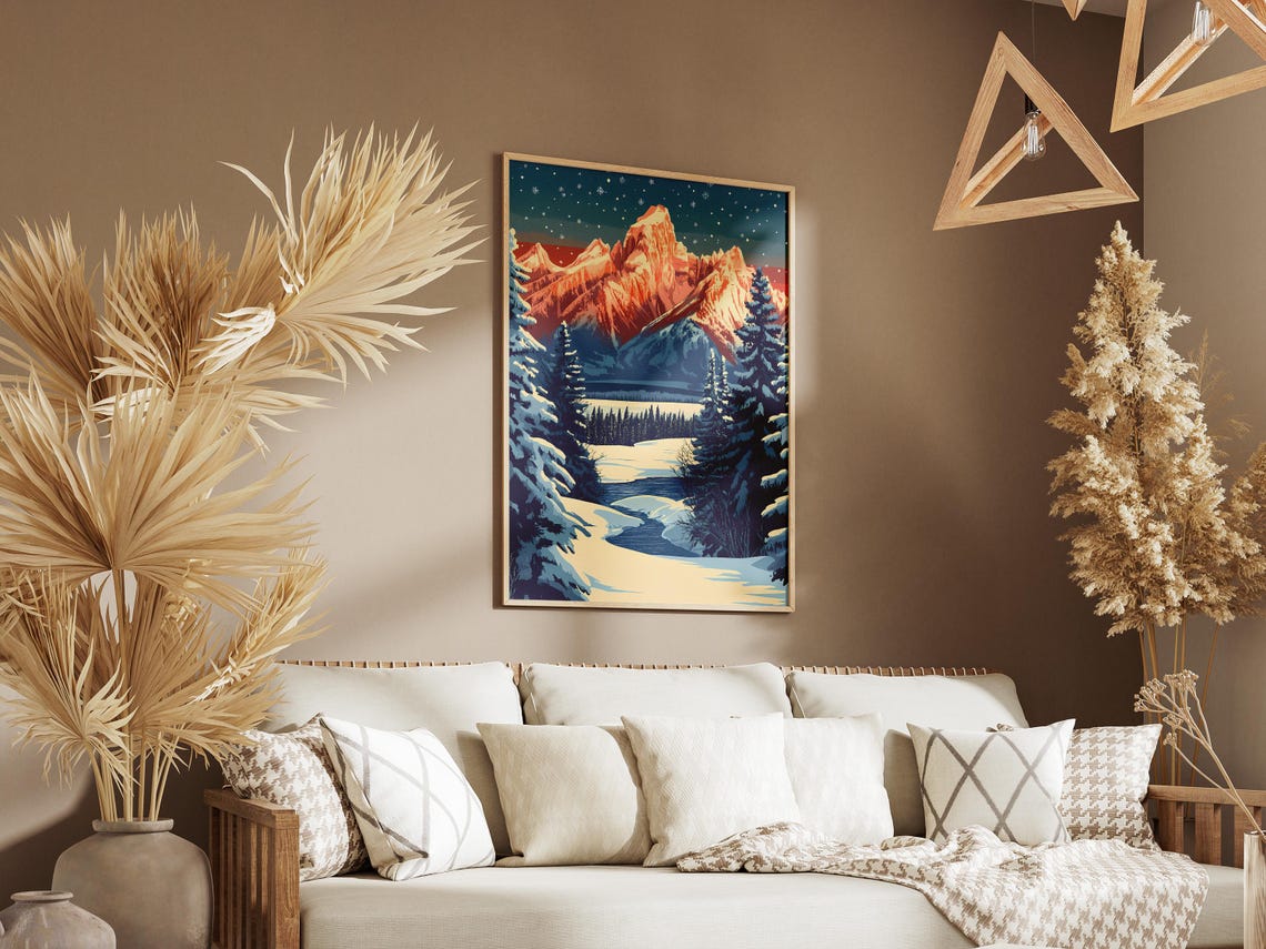 Grand Teton National Park Winter Landscape Poster Vintage Travel Poster Snowy Mountains Art Print Festive Holiday Decor Wyoming National - Image 3