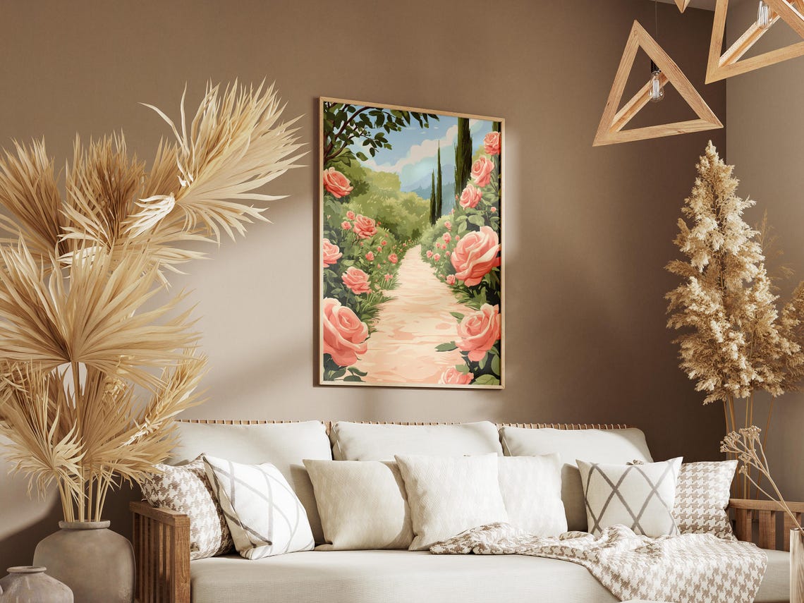 Pink Rose Garden Pathway With Cypress Trees Italian Garden Poster - Image 3