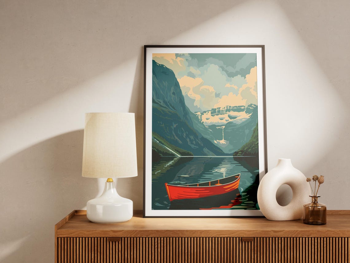 Norway Fjord Red Canoe Waterfall Minimalist Scandinavian Art Poster - Image 2