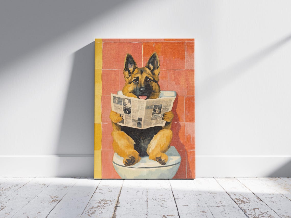 German Shepherd Toilet Newspaper Humorous Dog Bathroom Poster - Image 2