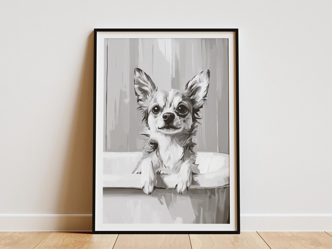 Chihuahua Puppy In A Bathtub Black And White Cute Art Poster