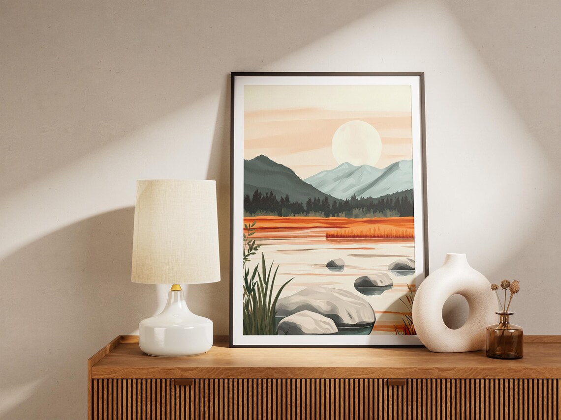 Moonrise Over Rocky Lake Shore Orange Water Evening Scene Poster - Image 5