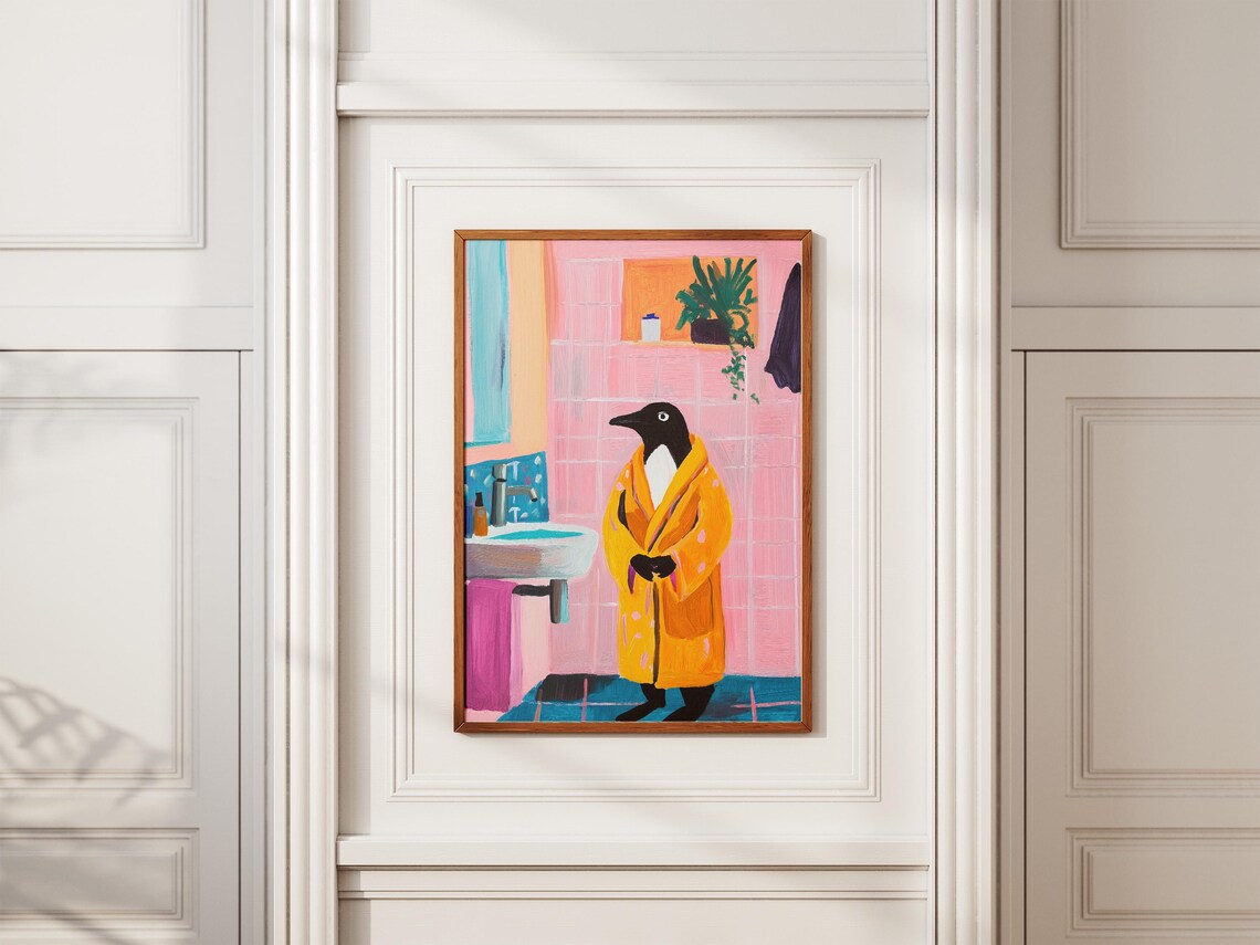 Penguin In A Bathrobe Bathroom Art Print, Whimsical - Image 2