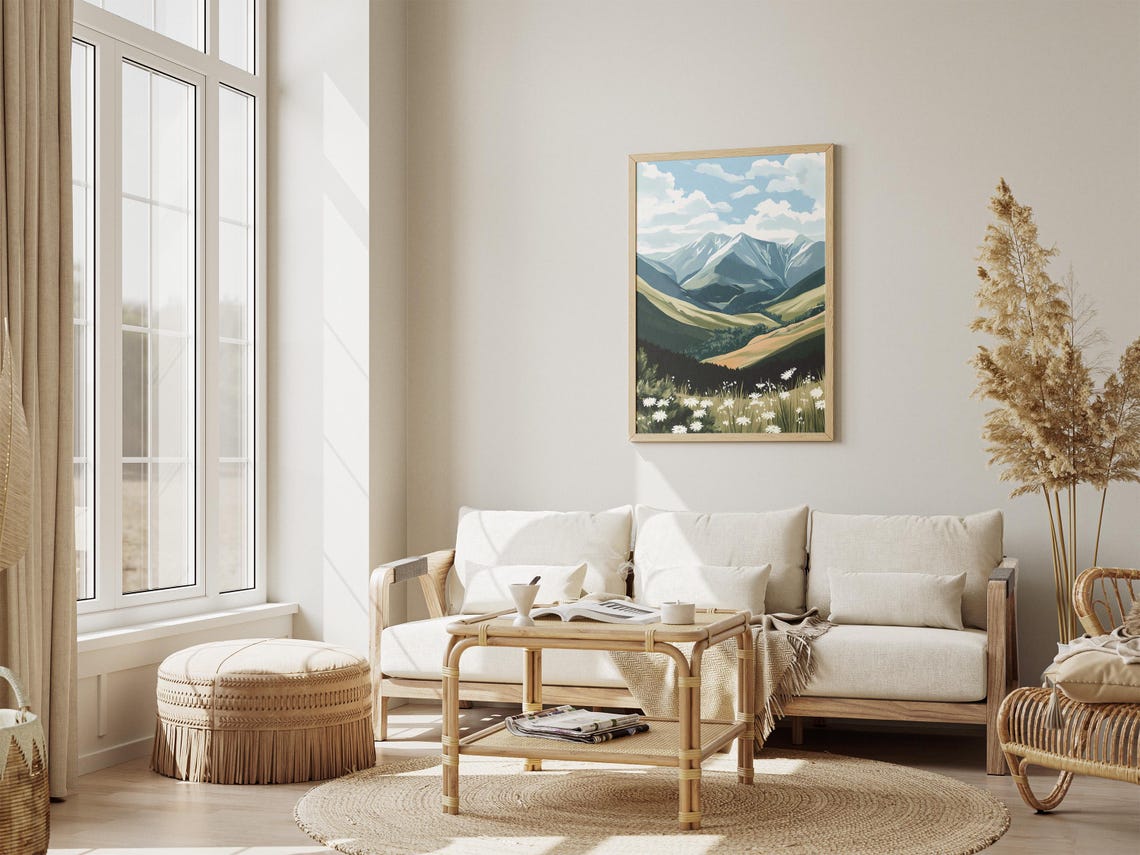 Snow Capped Mountain Valley With White Daisies Meadow Poster - Image 4