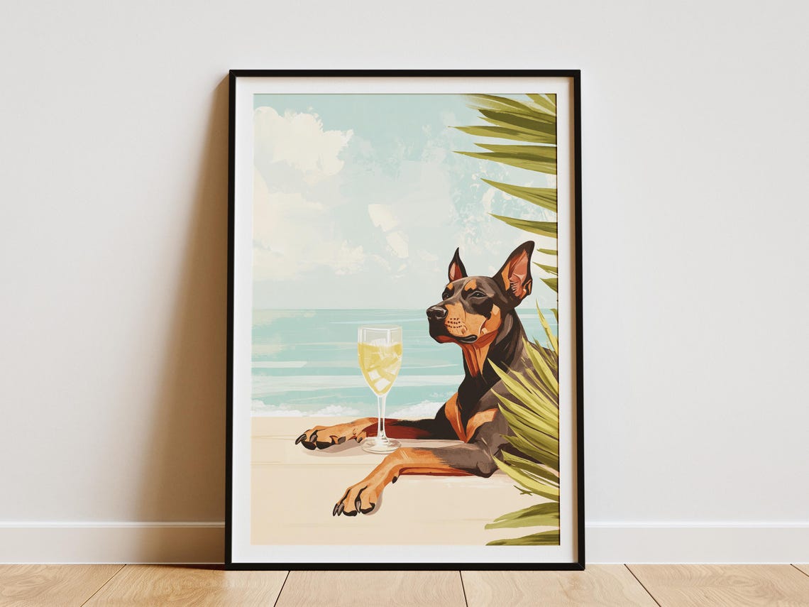 Doberman Pinscher Beach Poster Dog Art Print Summer Dog Coastal Dog Ocean Dog Canine Art Funny Dog Pet Lover Gift Modern Dog Poster