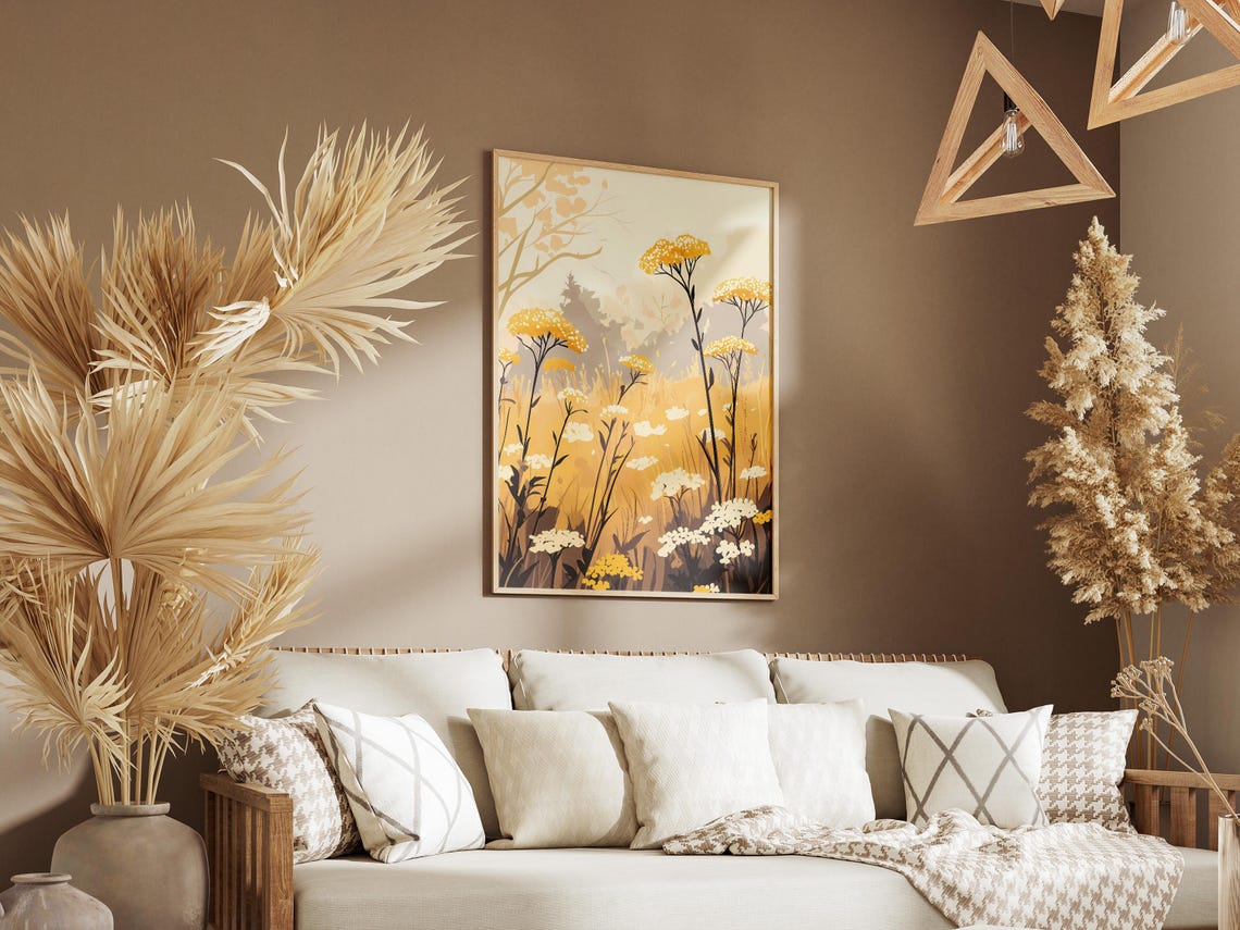 Misty Yellow Yarrow Golden Field Hazy Summer Meadow Art Poster - Image 3
