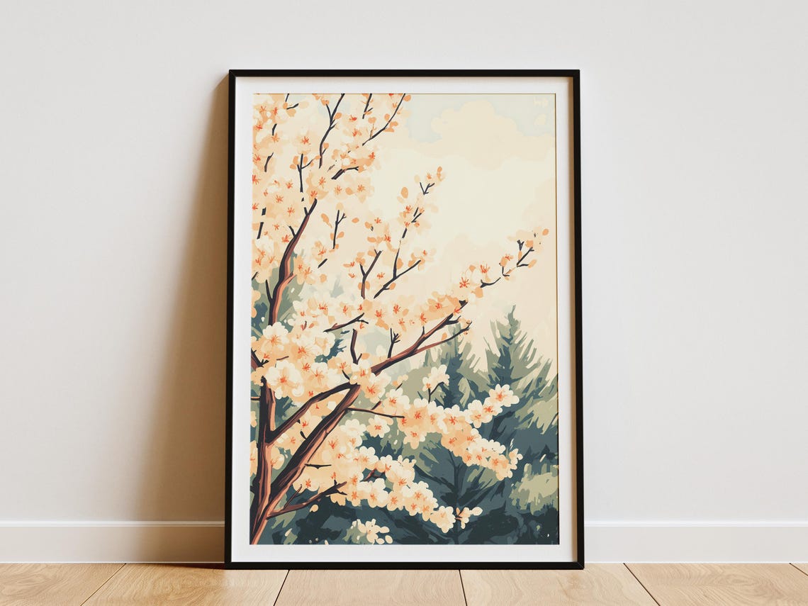 White Cherry Blossoms Against Dark Pines Spring Floral Poster