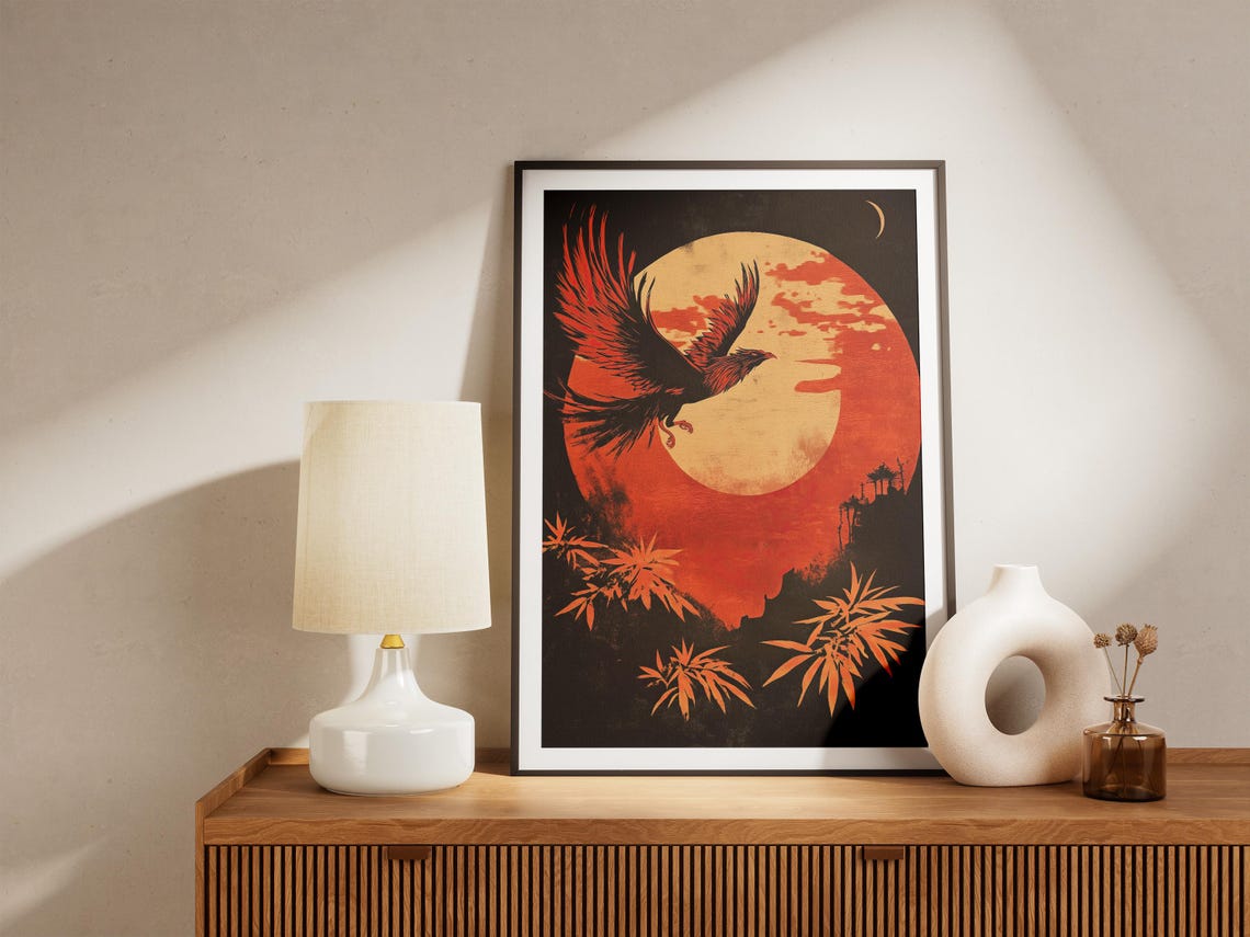 Phoenix Soaring Before Giant Red Sun Japanese Style Art Poster - Image 5