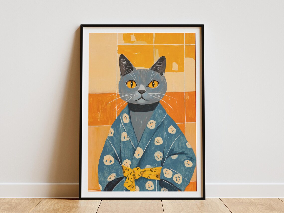 British Shorthair Cat in Blue Kimono Robe Elegant Art Poster